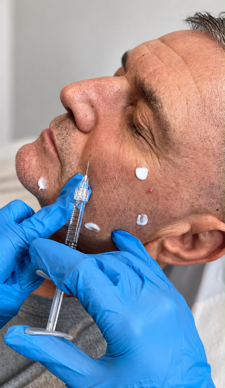 A gentleman receiving a facial aesthetics treatment